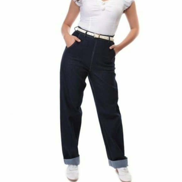 Collectif 50s Mainline Siobhan High Waist Jeans in Dark Navy Sz XS NWOT - Picture 1 of 9